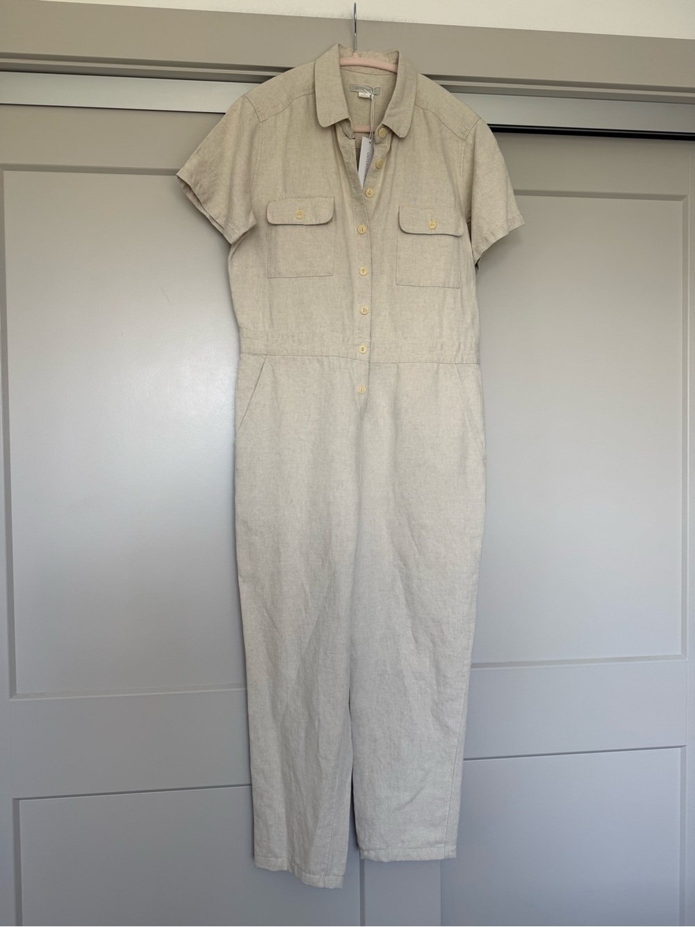 Outerknown SEASuit Beige Short-Sleeve Utility Jumpsuit Linen
